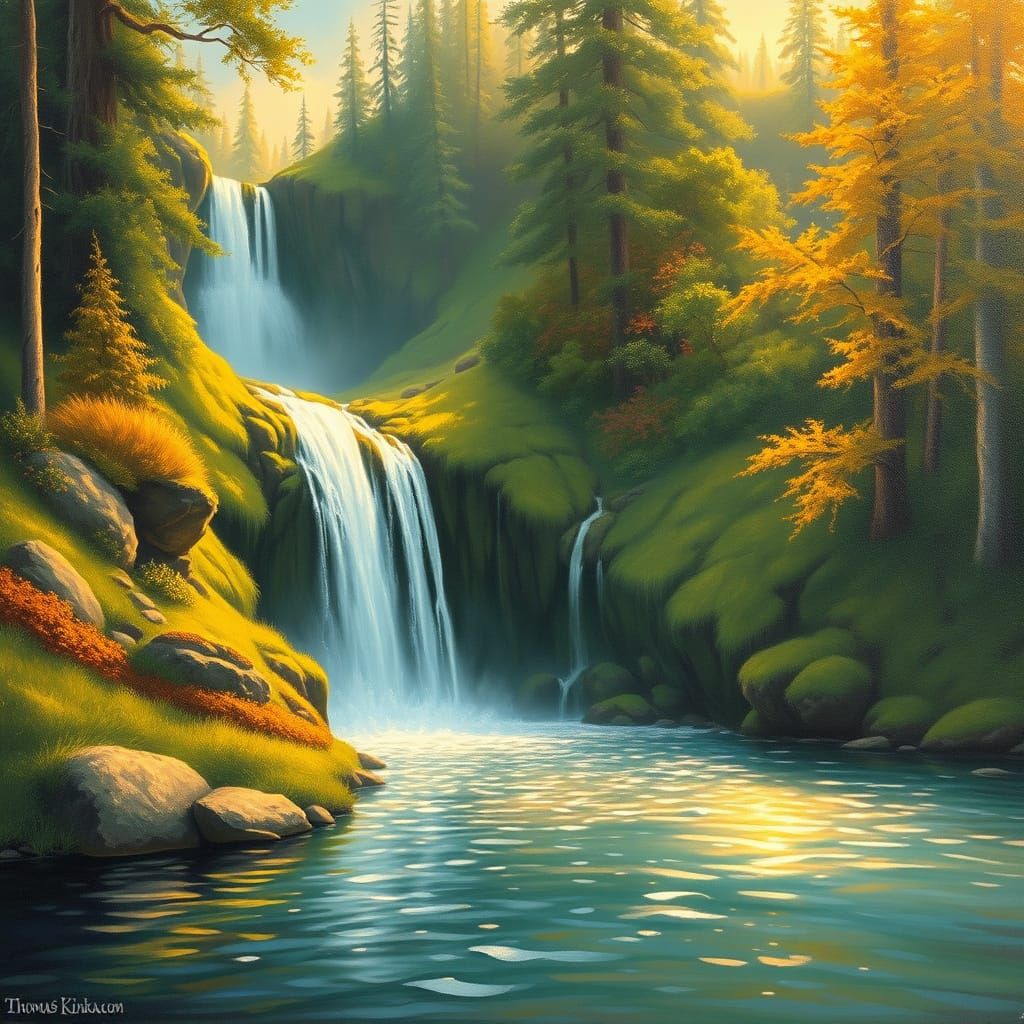 Idyllic Waterfall Scene in Nostalgic Oil Painting Style