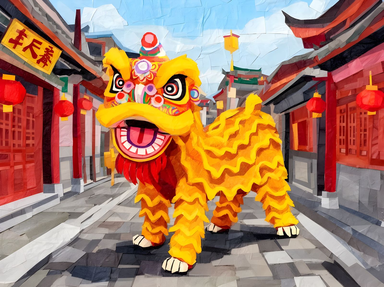 Performing Chinese Lion on Stylized Street