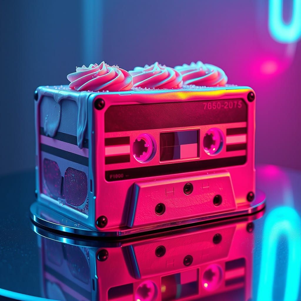 Retro-Futuristic Cassette Tape Cake in Neon Hues