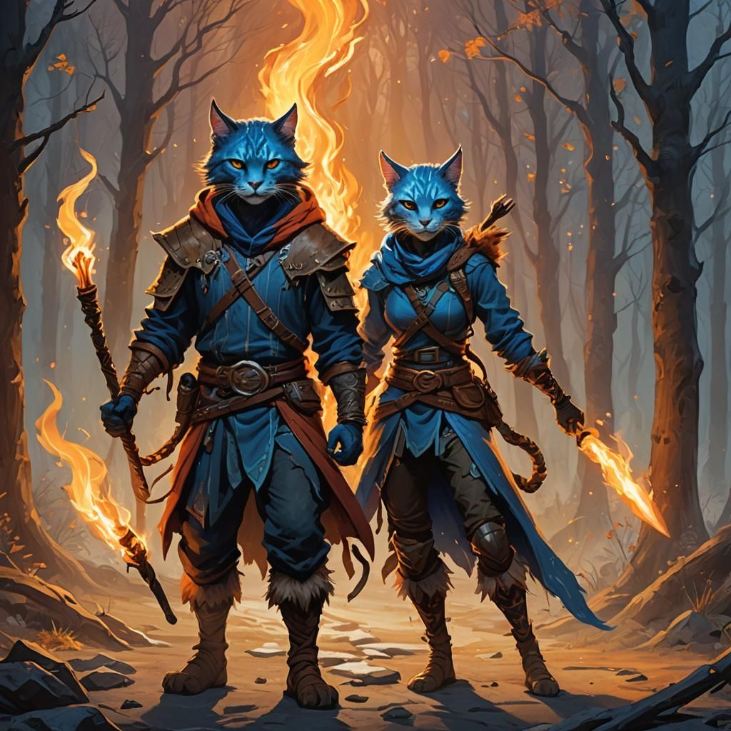 She-Cat Rogue and Firbolg with Torches in Oil Painting