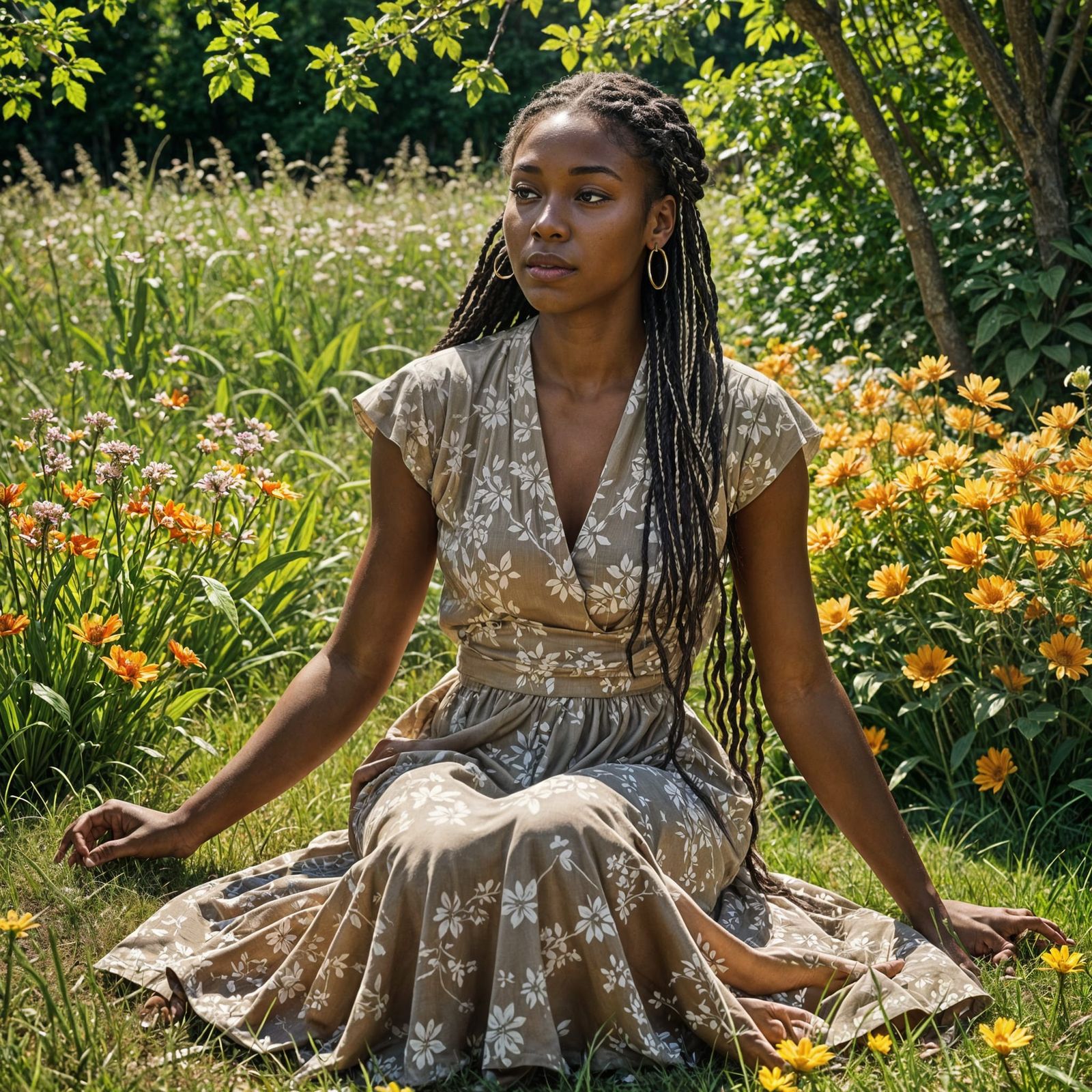 Woman with Braids in Flower Meadow, Painterly Style