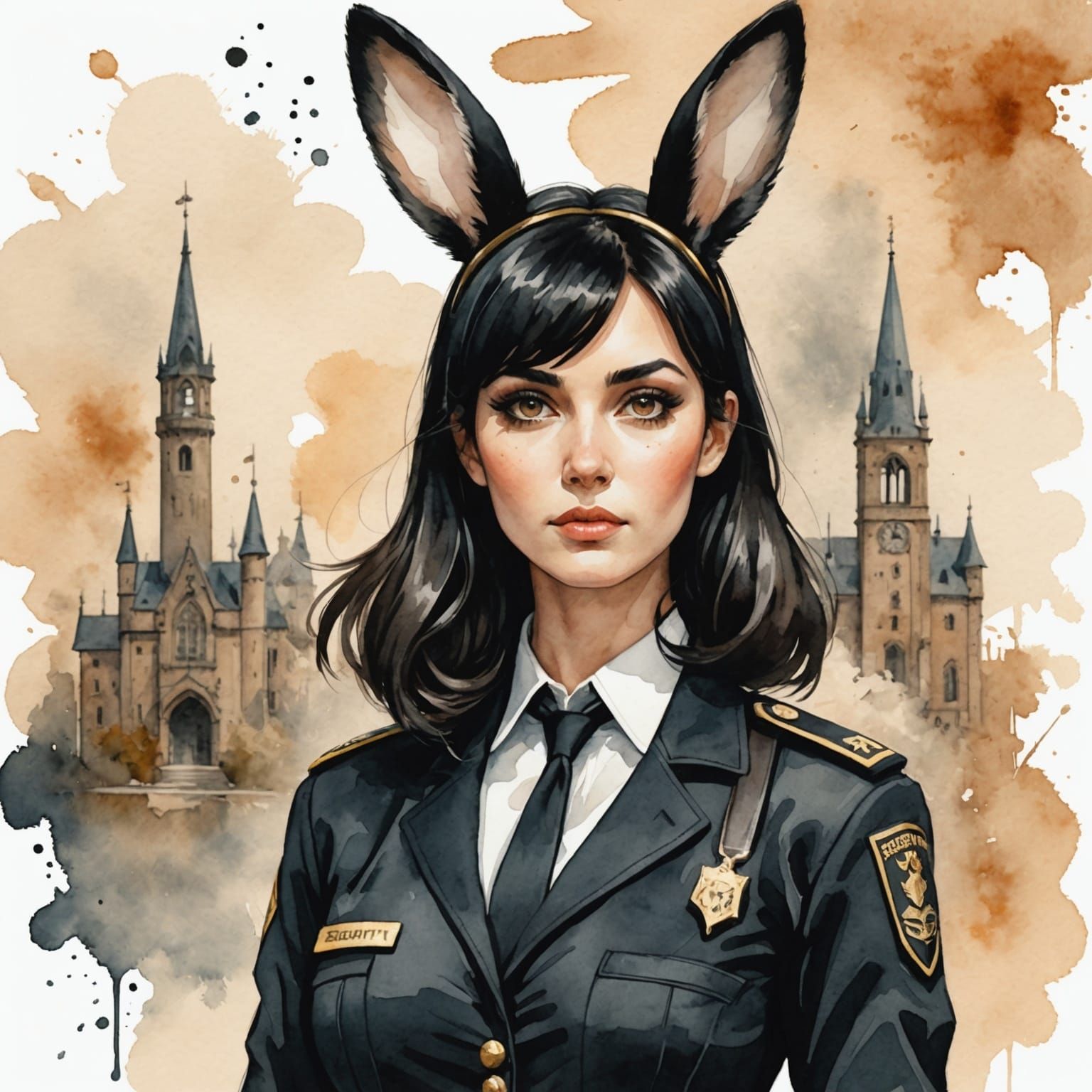 Woman with Rabbit Ears in Watercolor Security Uniform