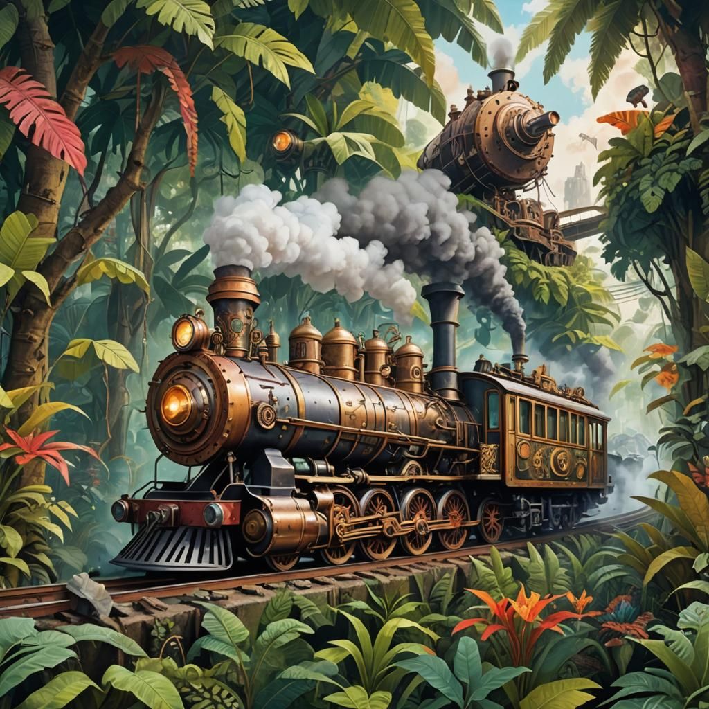 Steampunk Train Adventure Through Futuristic Jungle
