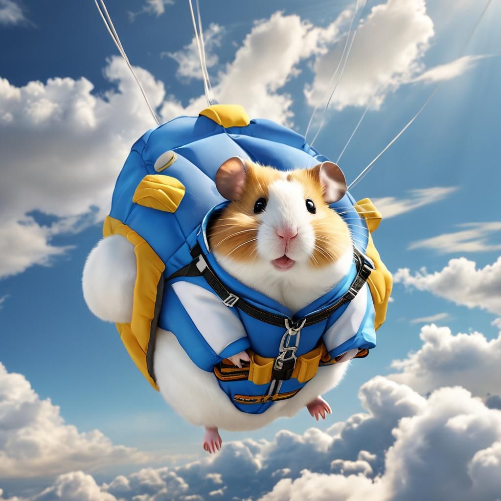 Hamster Parachuting in Serene Blue Sky, Digital Art