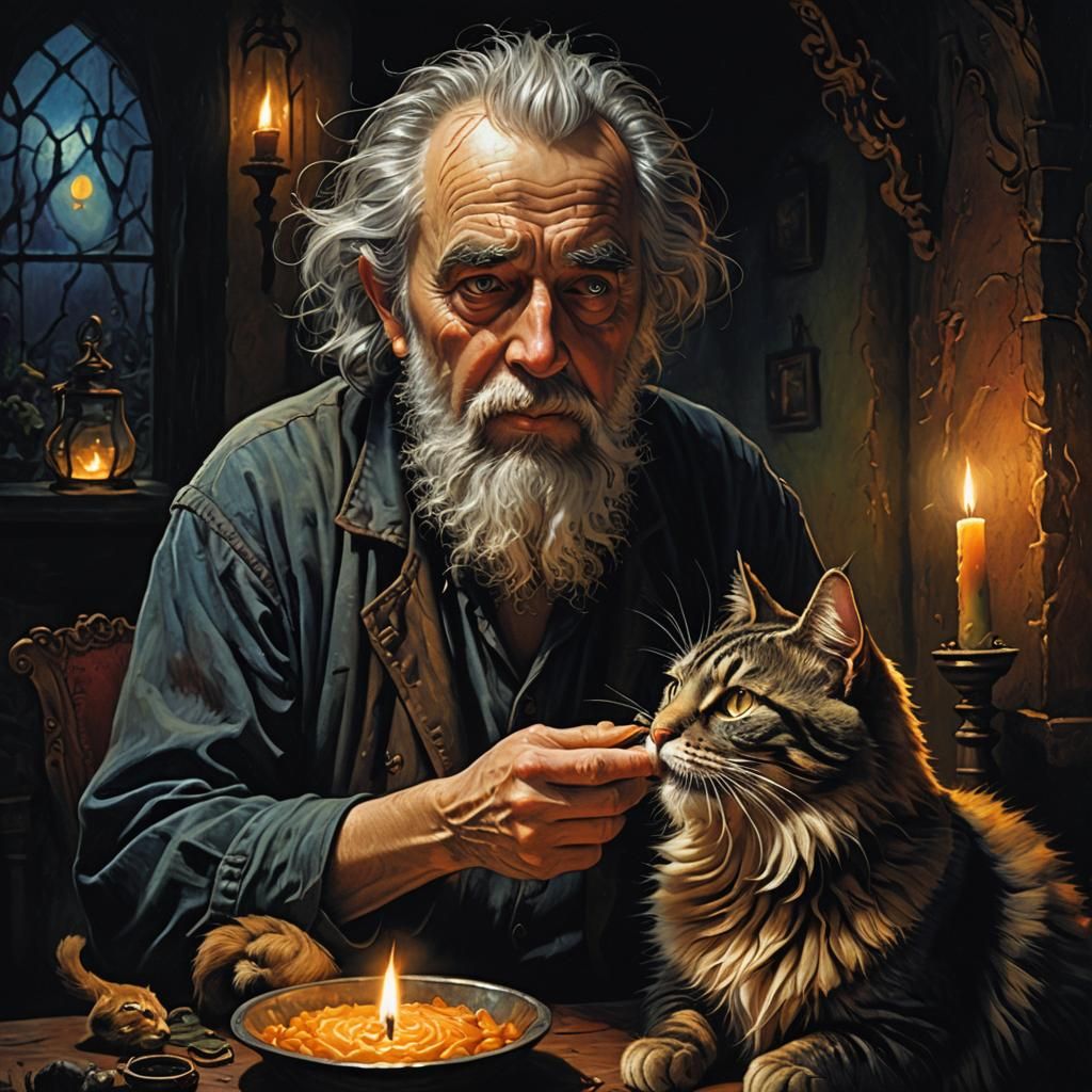 Bearded Man Feeding Cat by Candlelight: Hyperrealistic Art