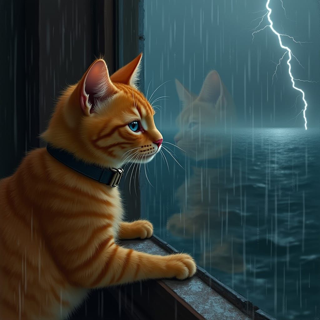 Ginger Cat Gazing Through Stormy Window