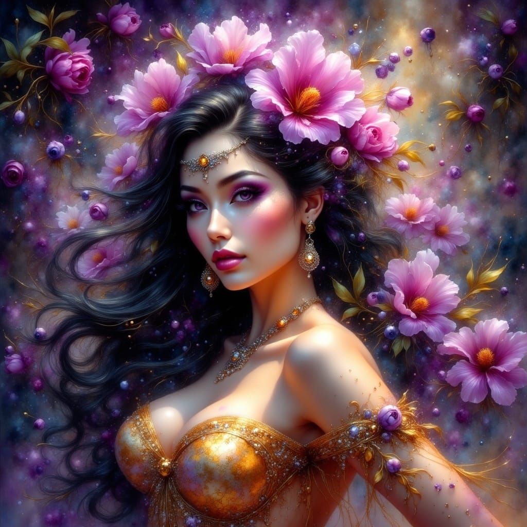 Gothic Fae Queen with Jewels and Flowers in Ambiance
