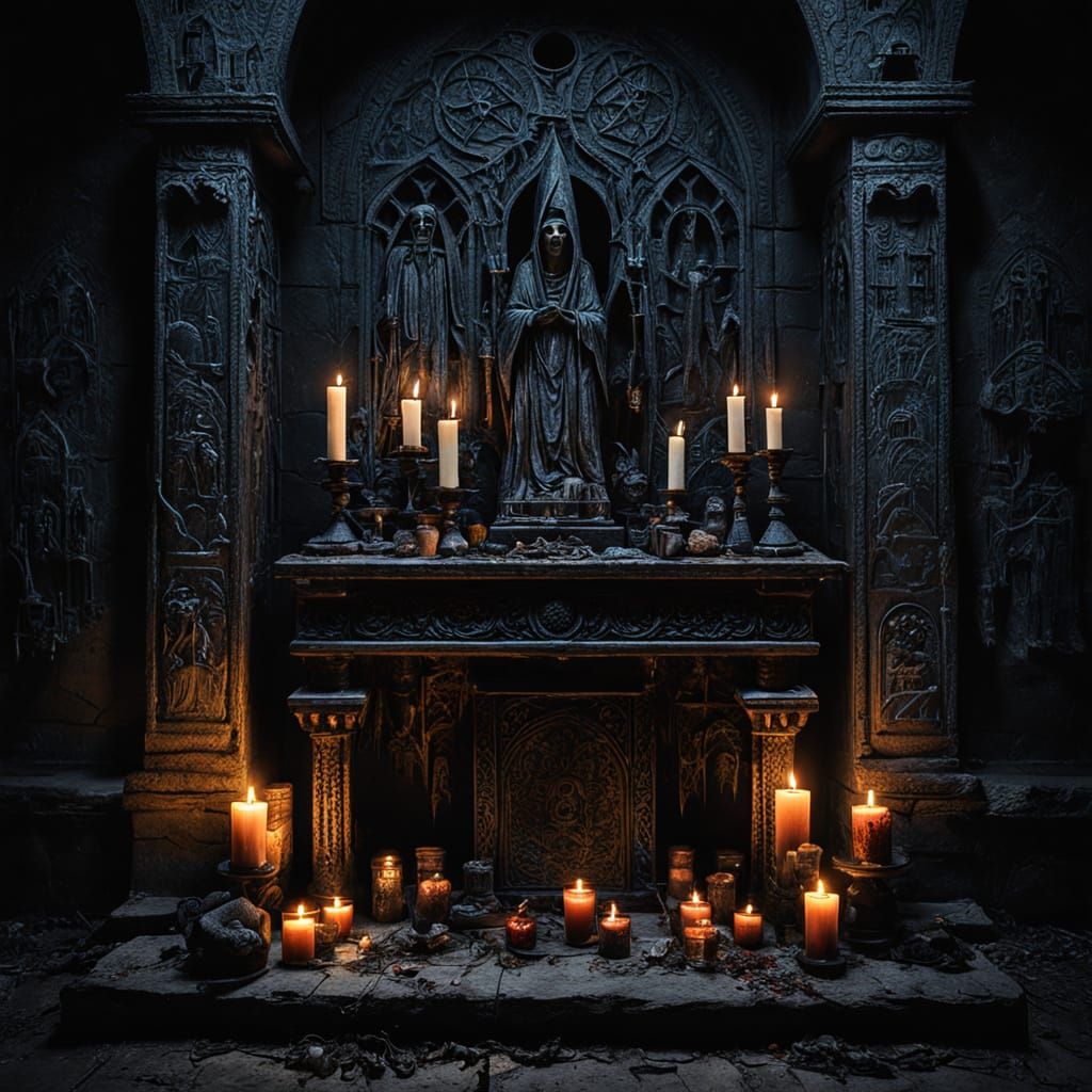Dark Fantasy Shrine with Pagan Charms and Graffiti