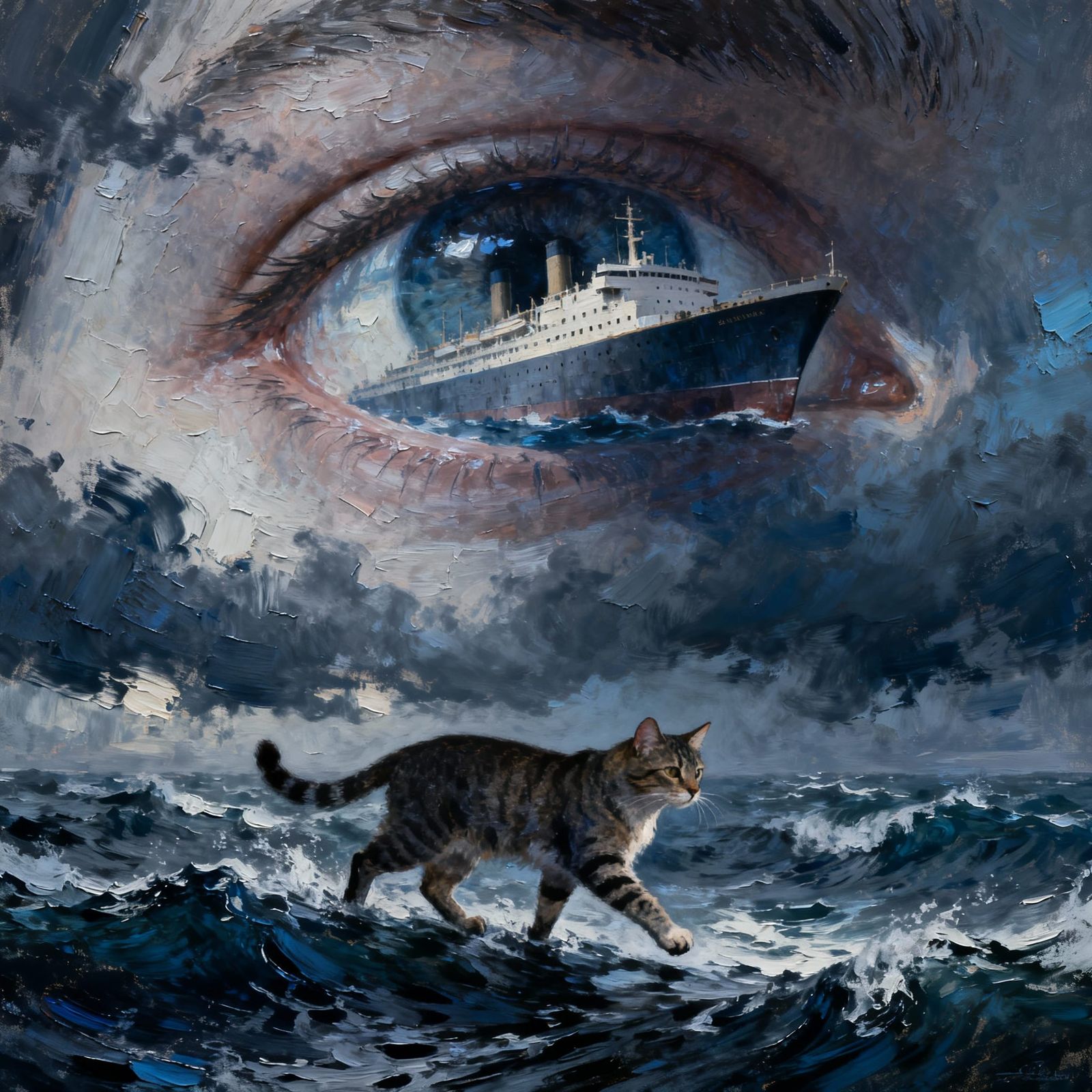 Surreal Eye in Sky with Ship Emerging, Cat on Stormy Sea