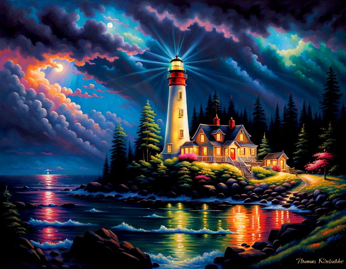 Illuminated Lighthouse in Diamond Painting Style