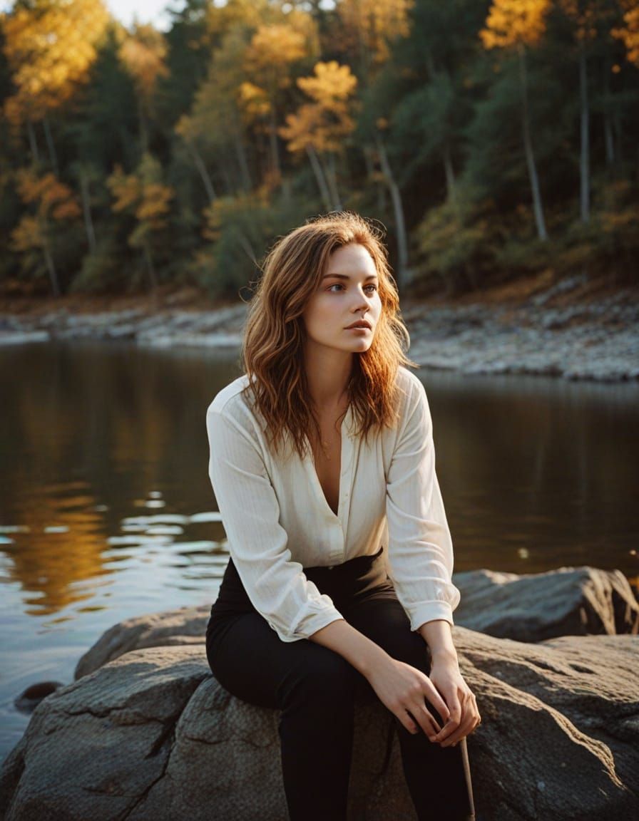 Woman on Lakeside Rock at Sunset: Analog Film