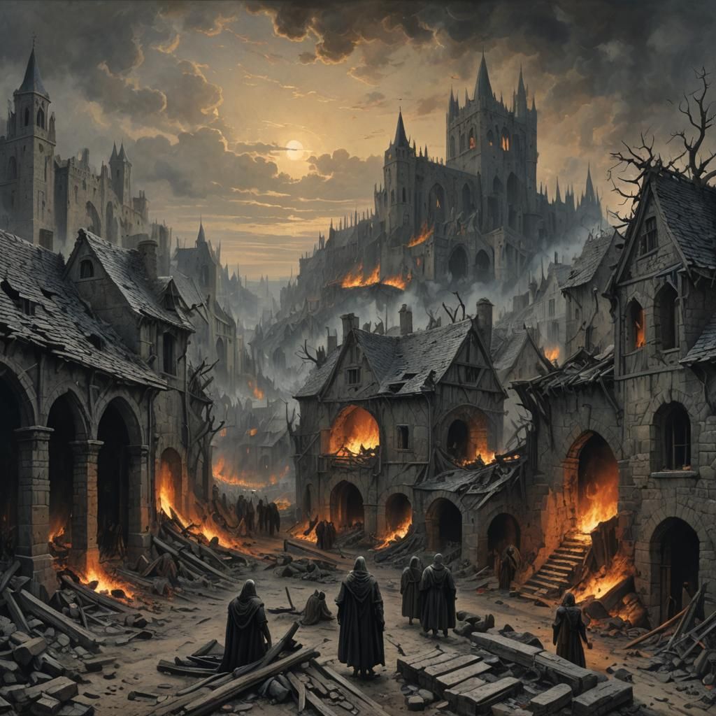 Medieval Village Ruins Engulfed in Fire