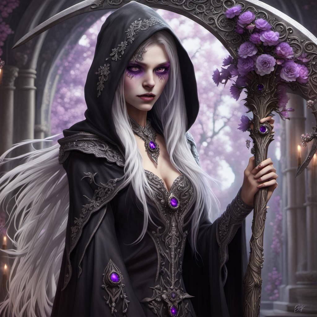 Beautiful Female Reaper with Scythe in Ethereal Fantasy Styl...