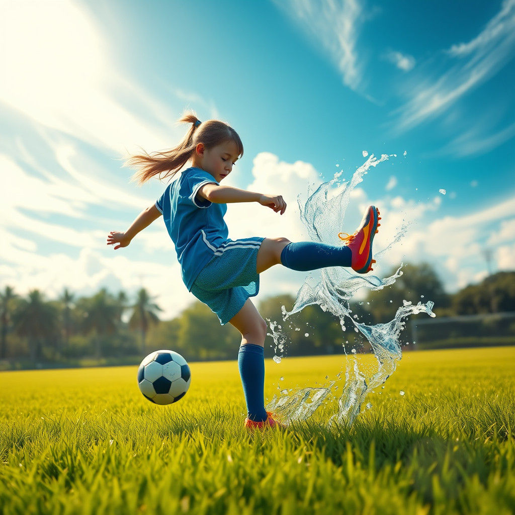 Girl Playing Soccer Turns to Water: Fantasy Art
