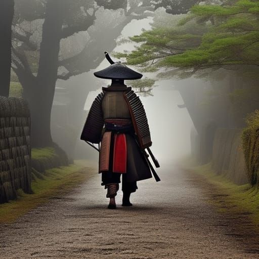 Samurai in Foggy Japanese Village: Detailed Artistic Photogr...