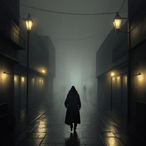 Mysterious Figure Navigates Foggy, Rain-Soaked Alley at Dusk