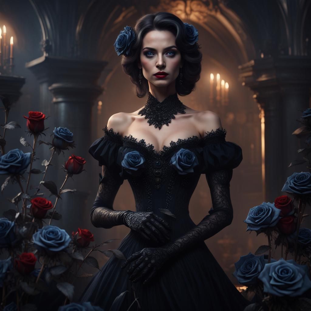 Gorgeous Widow with Black Roses: Detailed Matte Painting