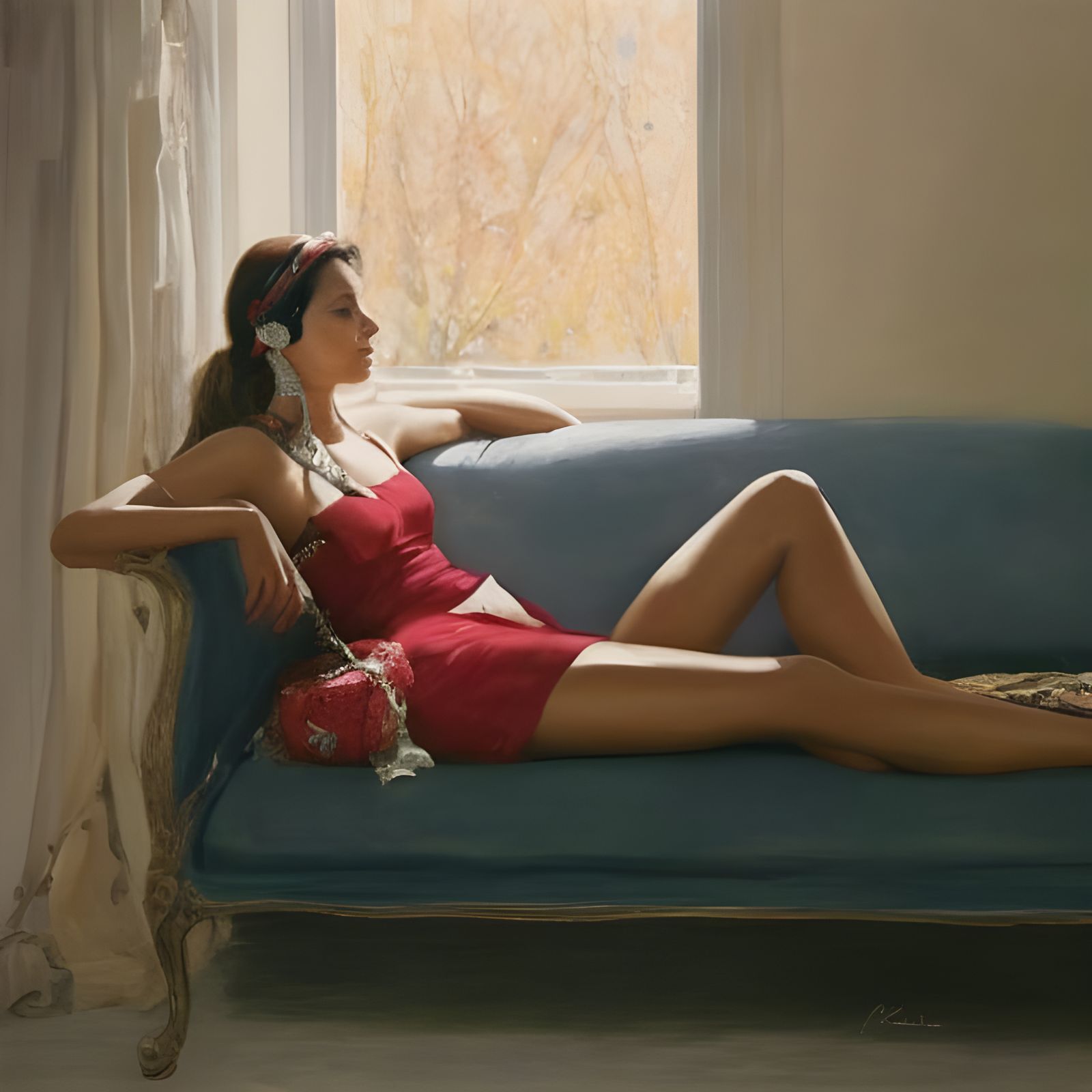 Woman Listening to Music as Digital Art