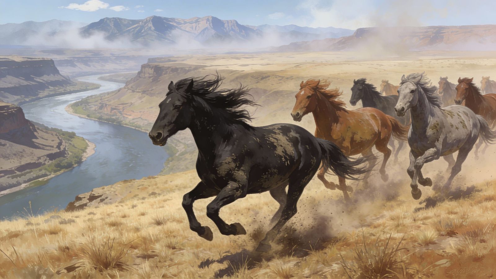 Wild Horses Galloping on High Plateau with Rocky Mountains