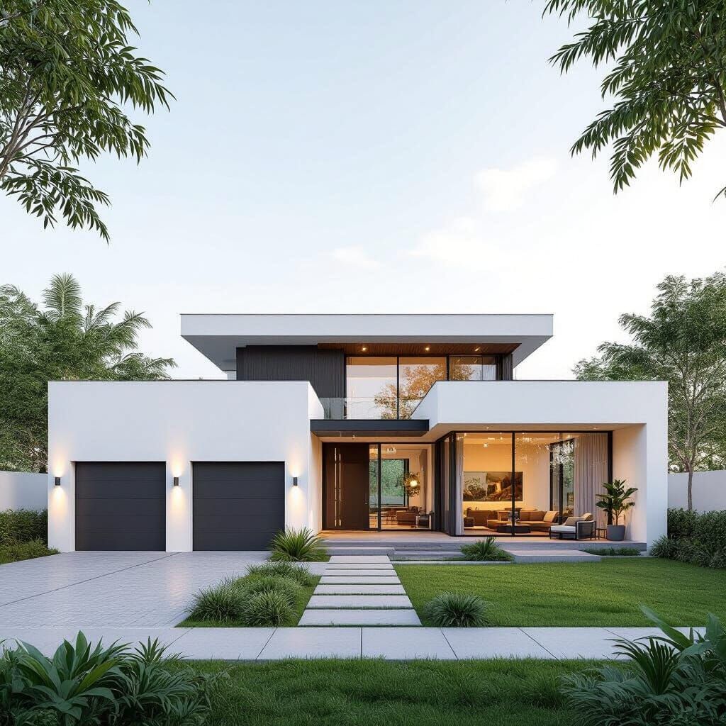 Modern Minimalist House Plan with Garage and Garden