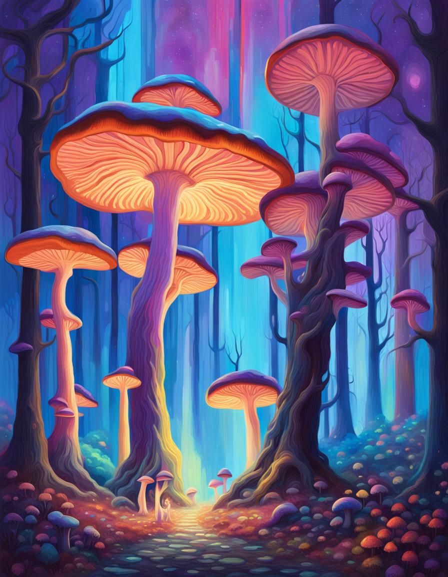 Iridescent Mushroom Family in a Surreal Forest