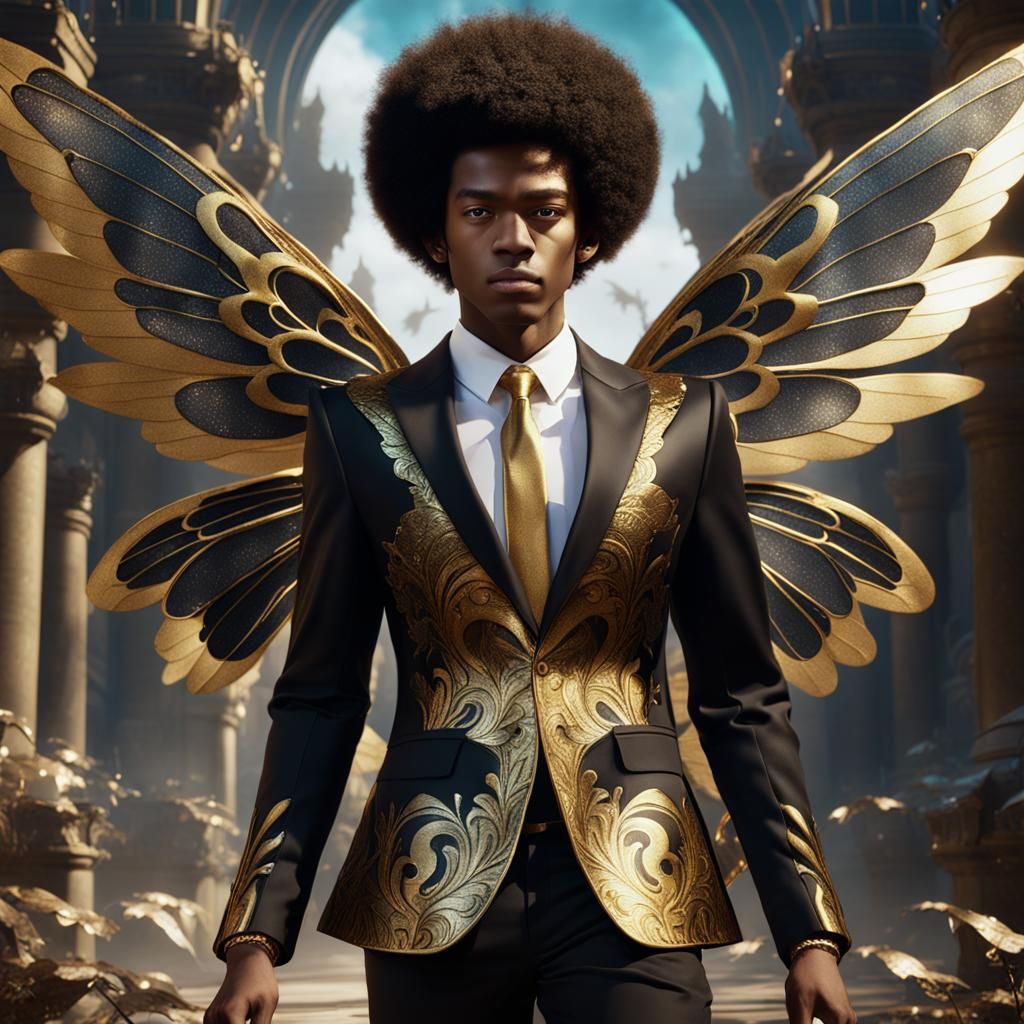 Fantasy Art: Black Teen in Gold Suit with Wings