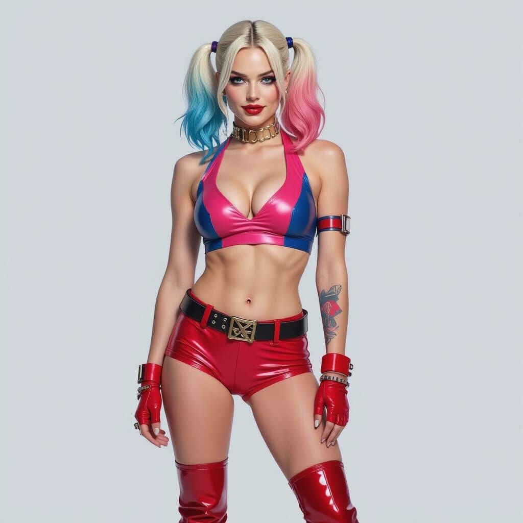 Harley Quinn with Blue and Pink Hair in Red Outfit