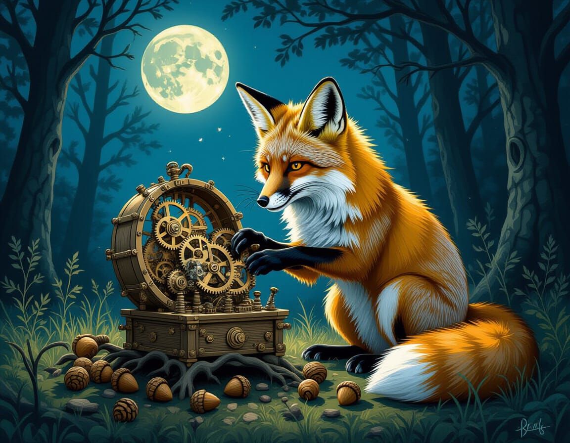 Fox Builds Intricate Clockwork in Moonlit Forest