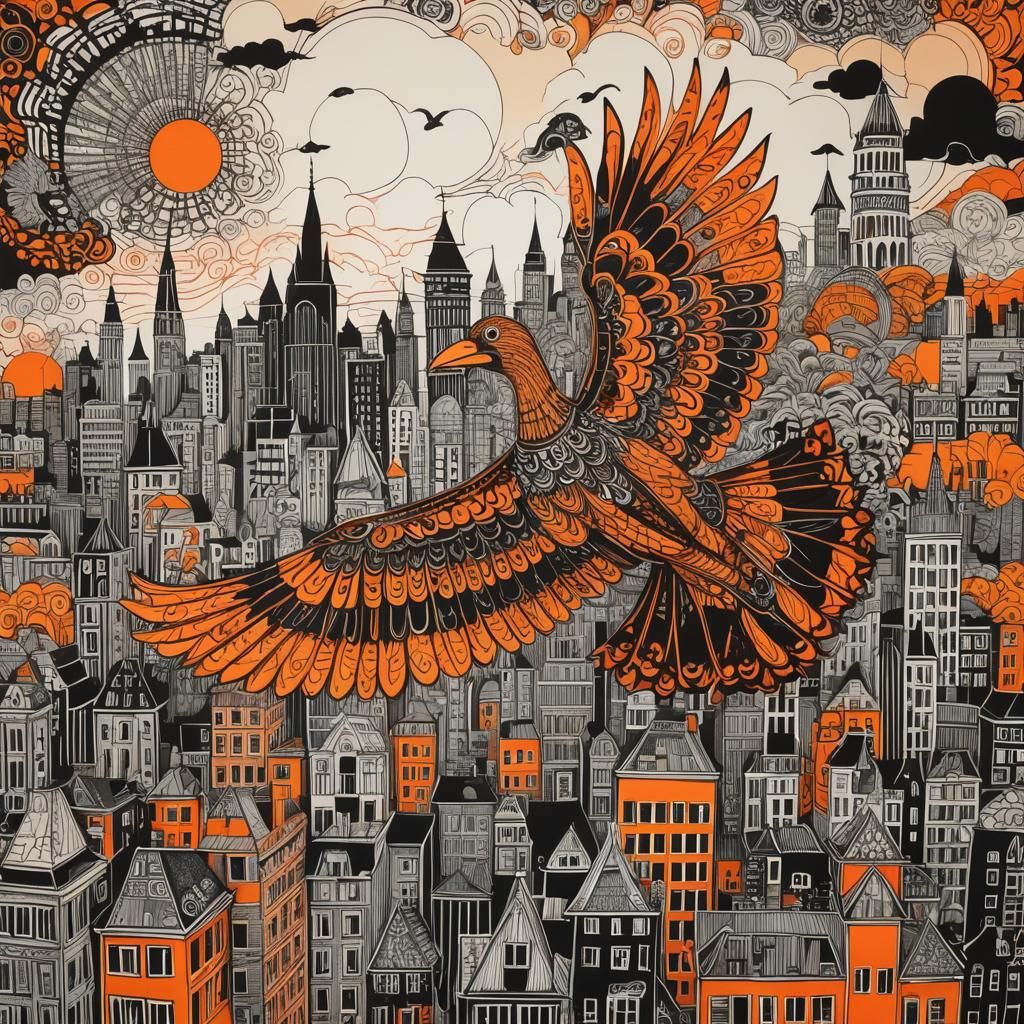 A big Bird  flying above the  city