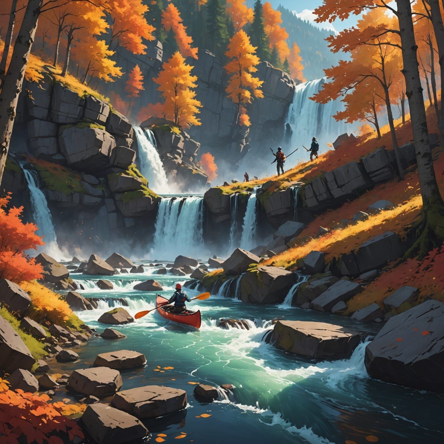 Canoeist Over Autumn Waterfall in Detailed Anime Style