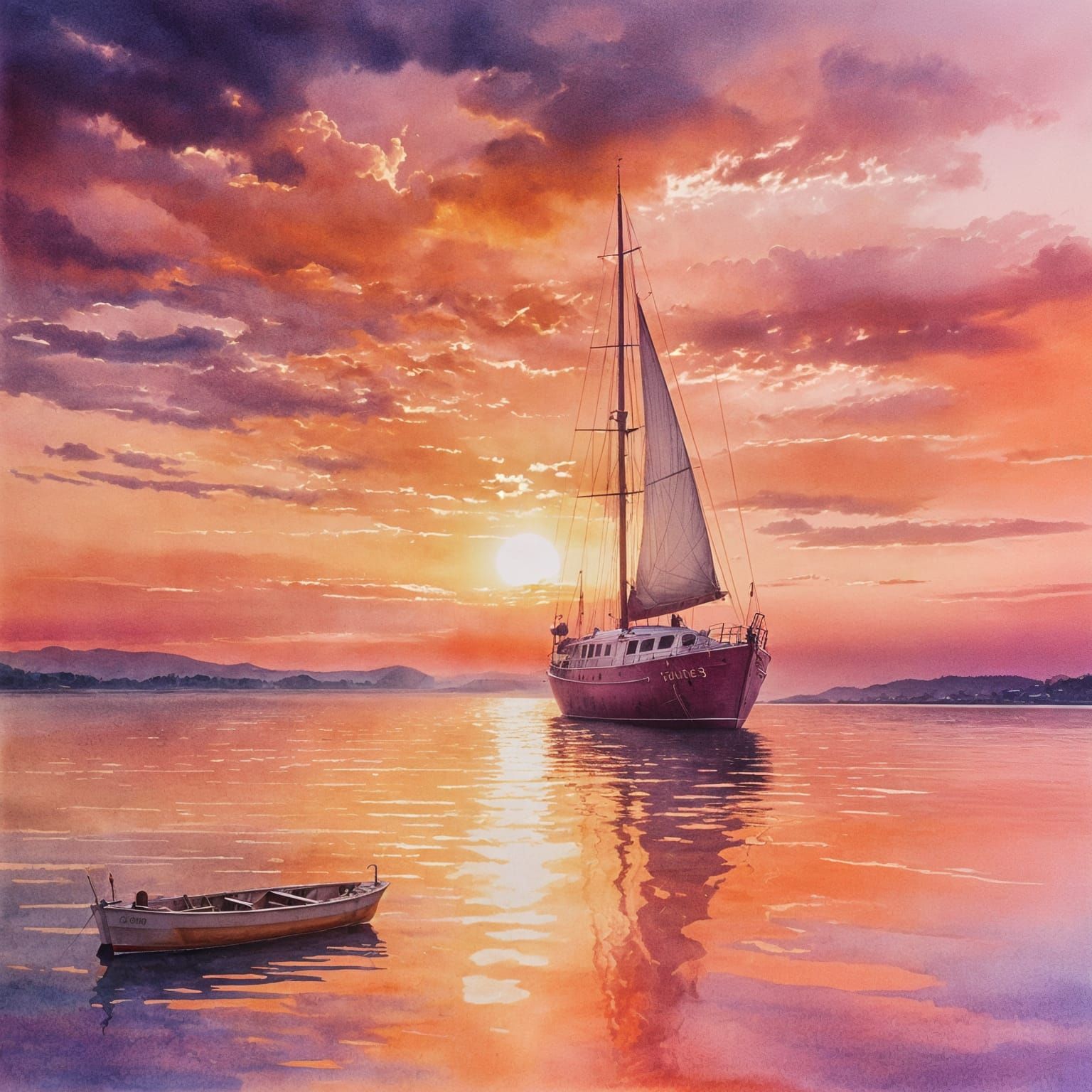 Romantic Sunset Boat: Realistic Watercolor Painting