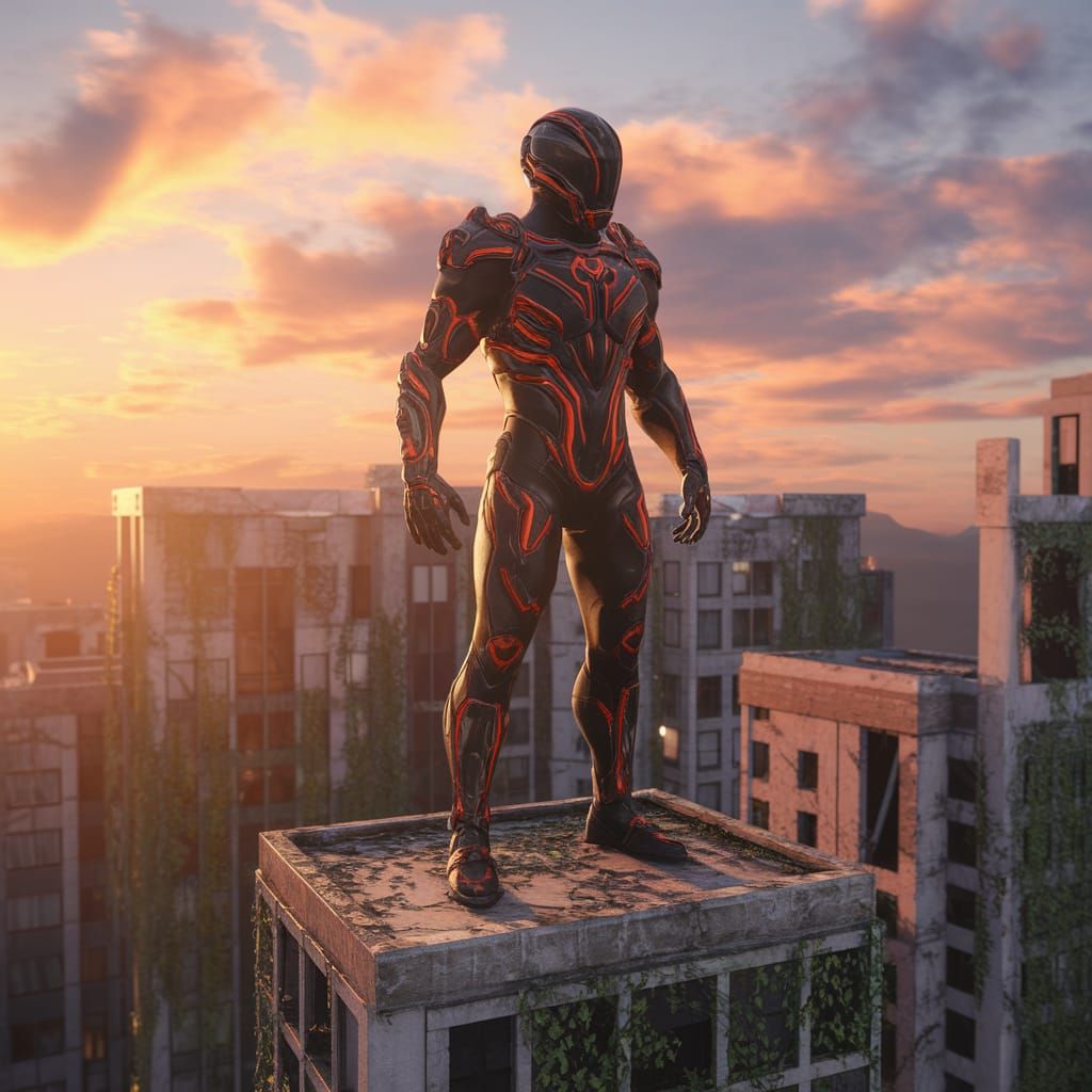 Helldiver on Crumbling Skyscraper at Sunset in 3D Render