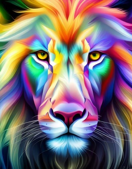Colorful Mystical White Lion in Hyperrealistic Style
