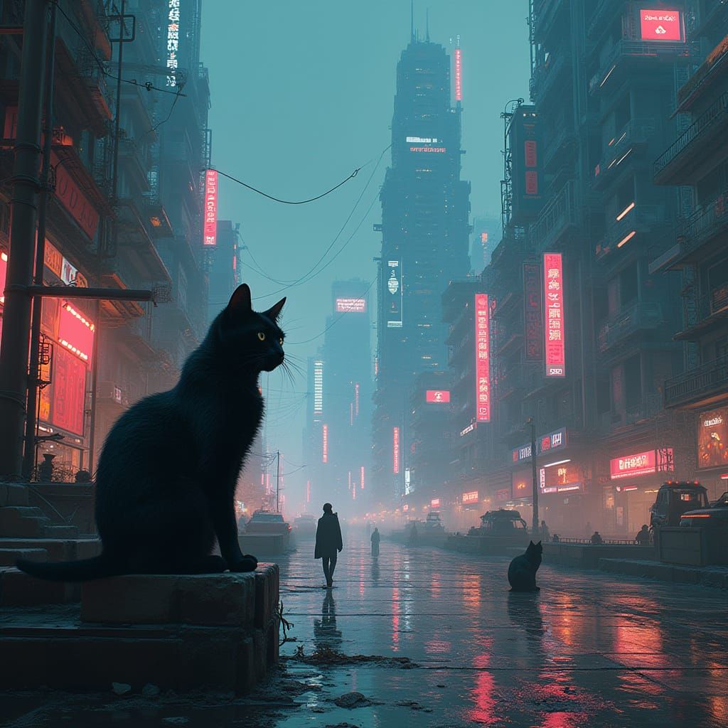Cyberpunk Cityscape with Feline Figures