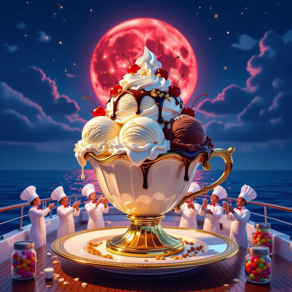 Fantasy Ice Cream Sundae on Yacht Deck at Night