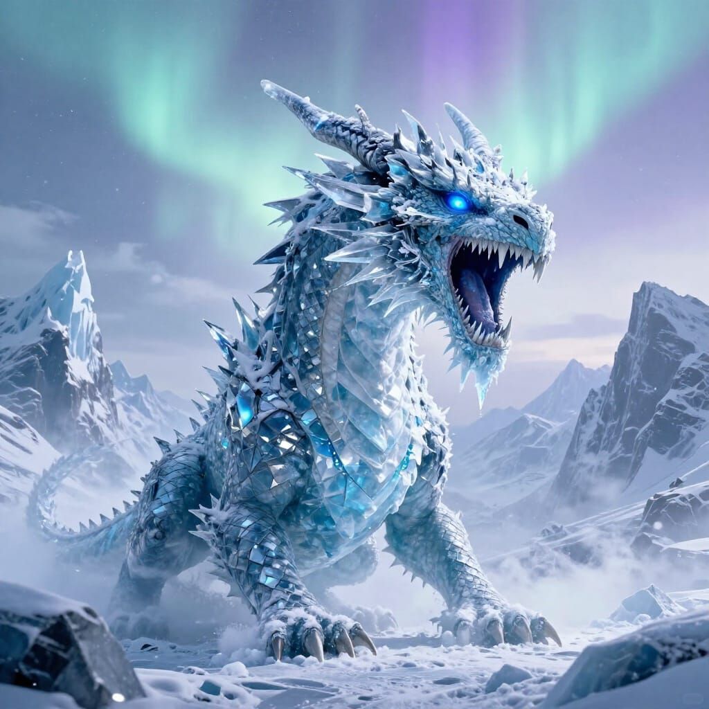 Colossal Ice Dragon Roaring in Blizzard