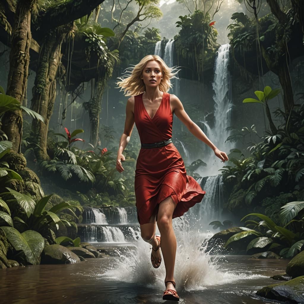 Blonde Girl in Rainforest: Detailed Matte Painting
