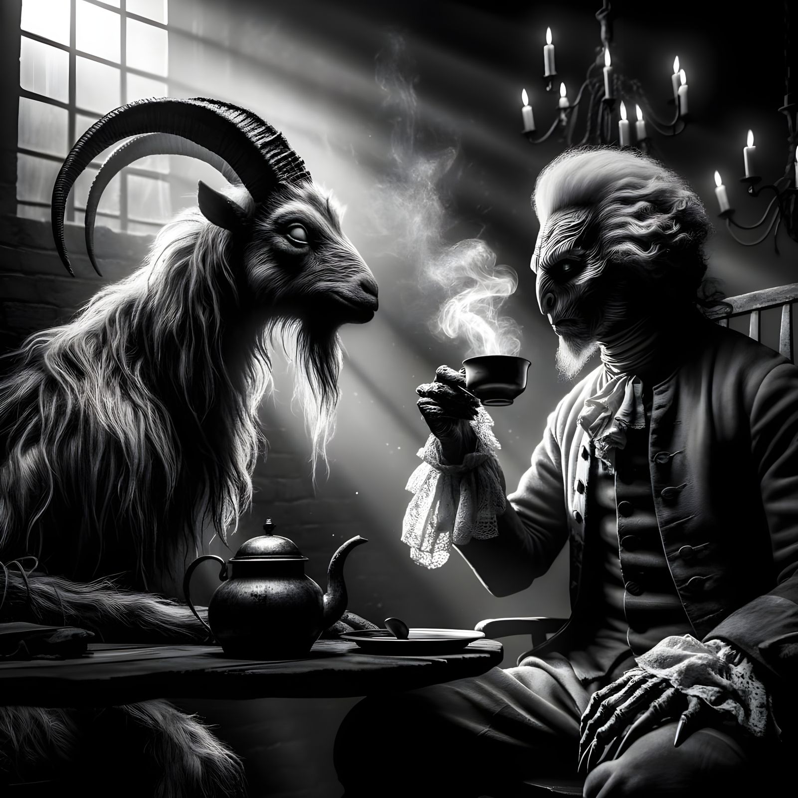 Eerie Goat-Human Sits in Dark, Ominous Tea Scene
