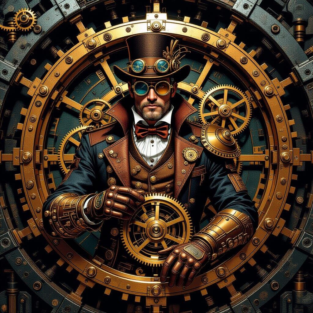 Steampunk Time Traveler Amidst Industrial Gears