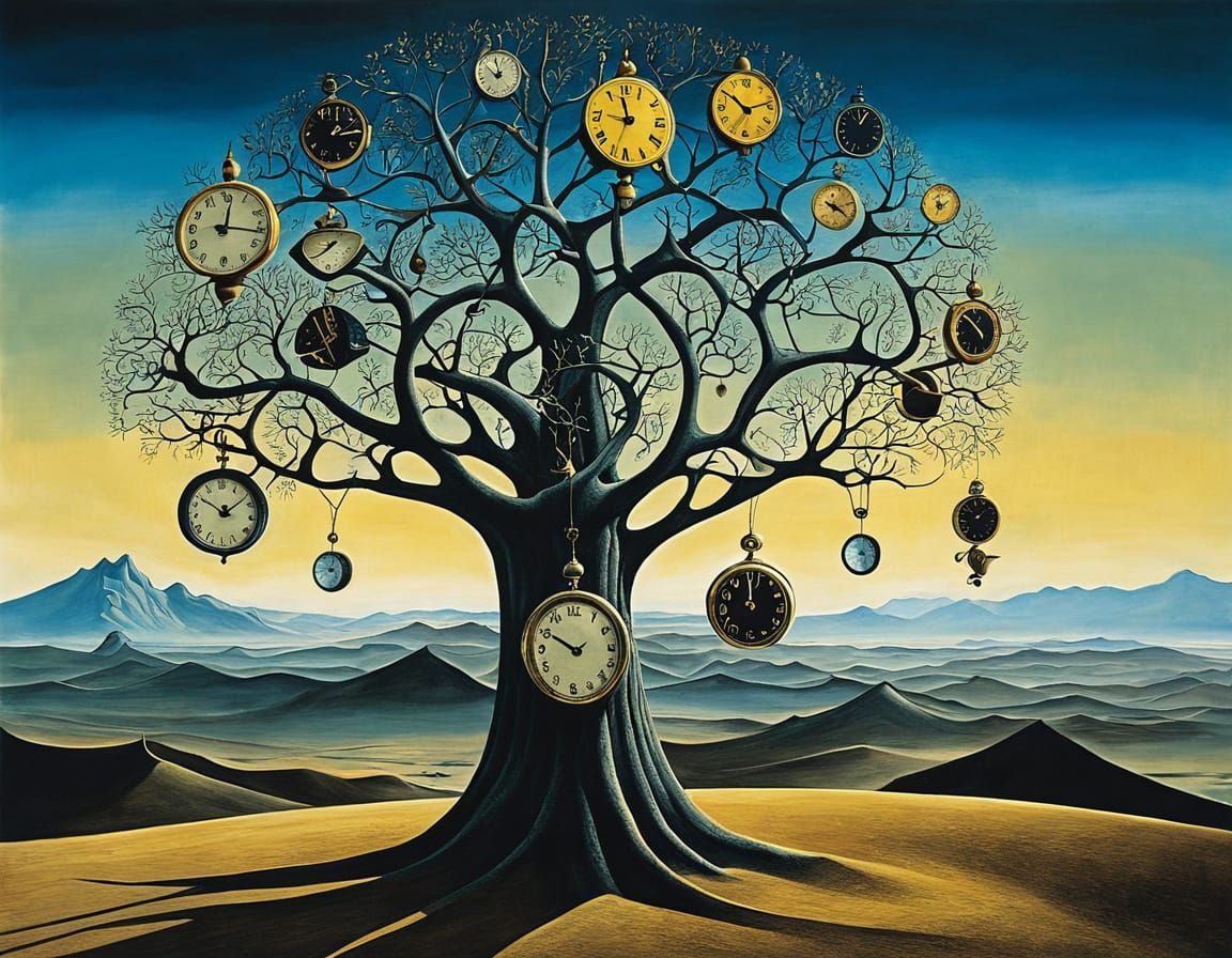 Surreal Landscape Where Clocks Grow on Trees