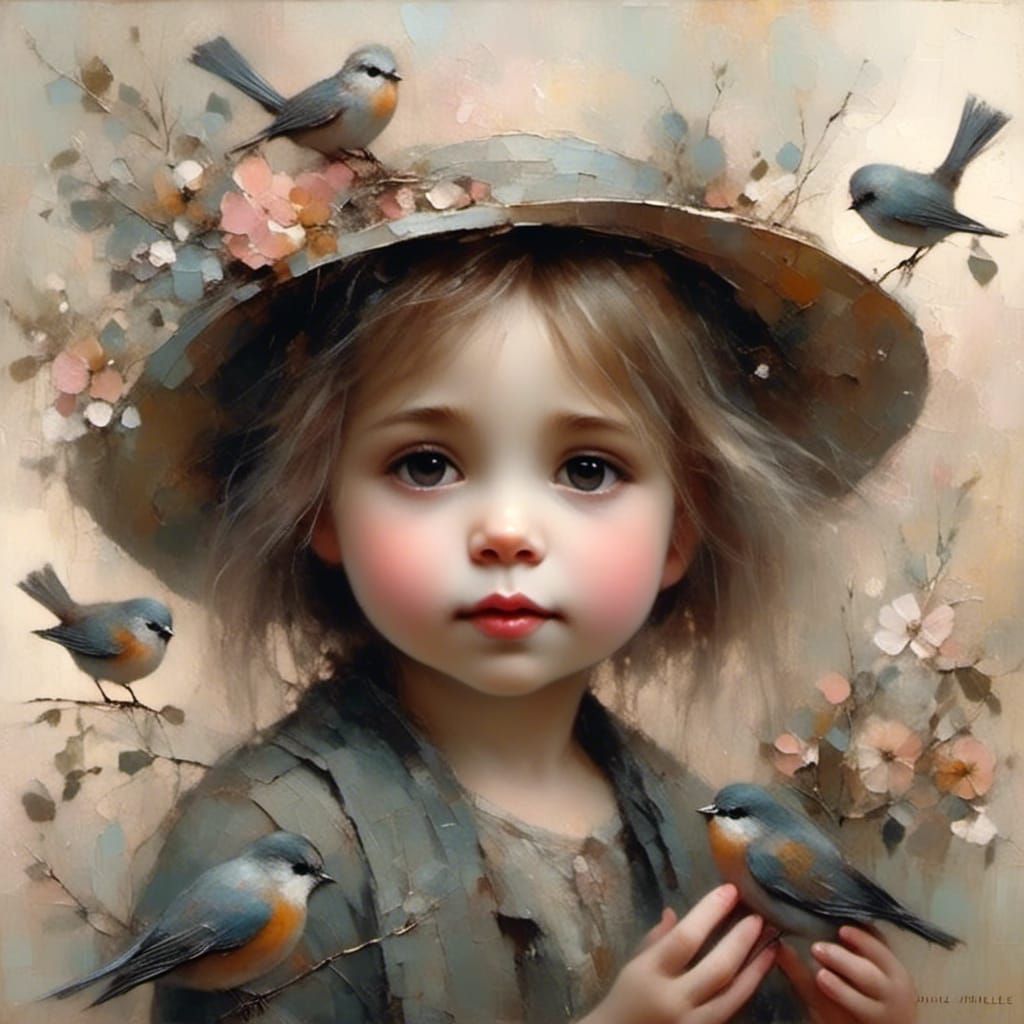 Cute Toddler Girl Feeds Birds in Whimsical Style