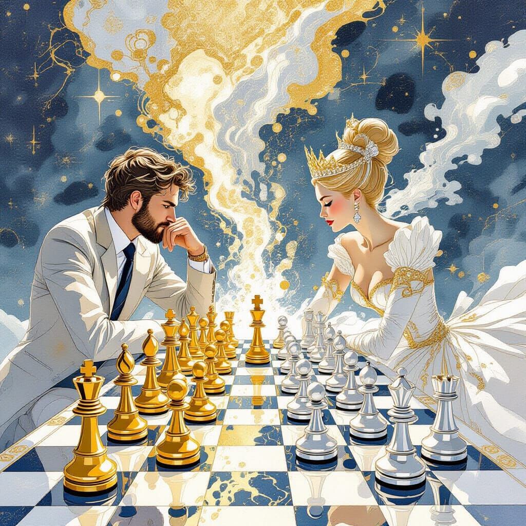 Watercolor Chess Game: King Beats Queen in Maximalist Style