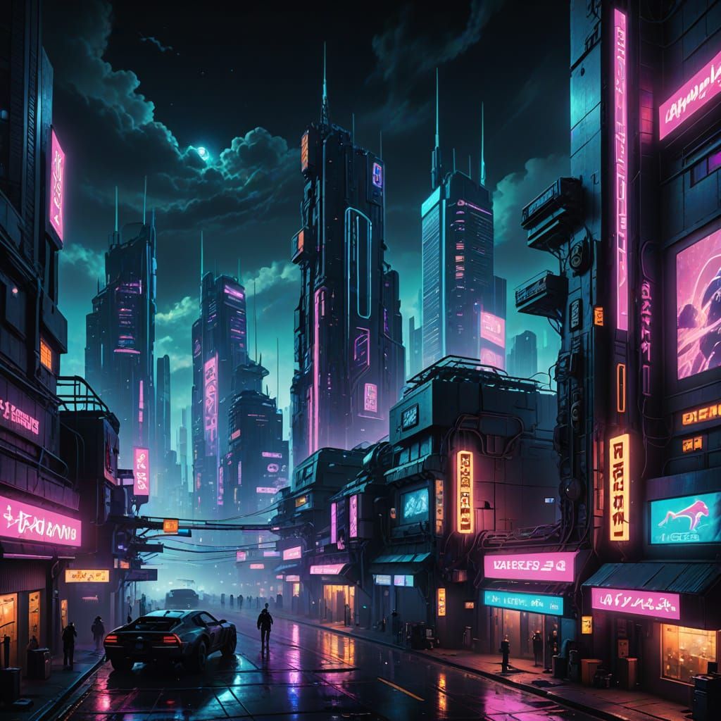 Cyberpunk Cityscape Under a Swirling Galaxy