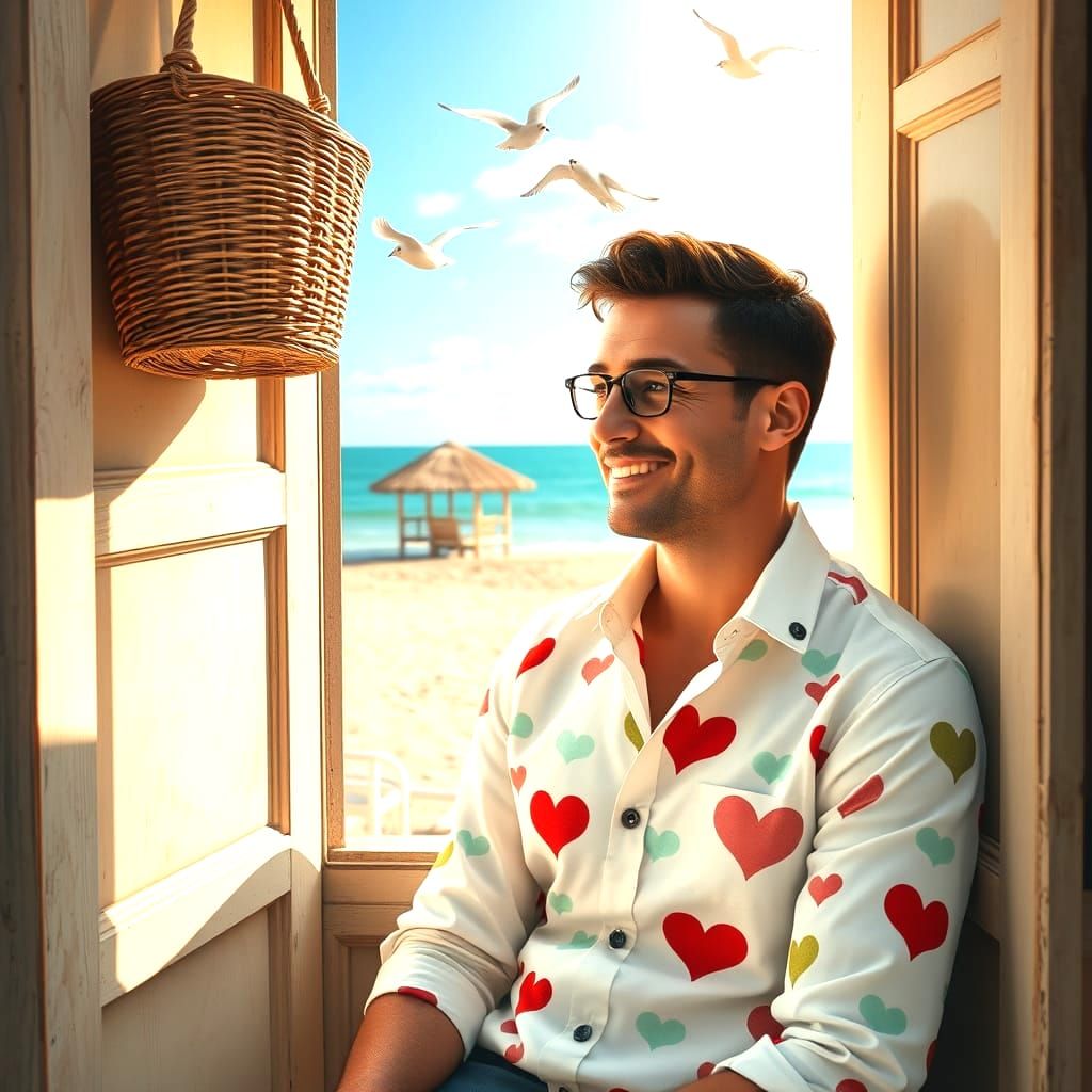 Ethereal Gentleman in Whimsical Beach Scene with Heart-Shape...
