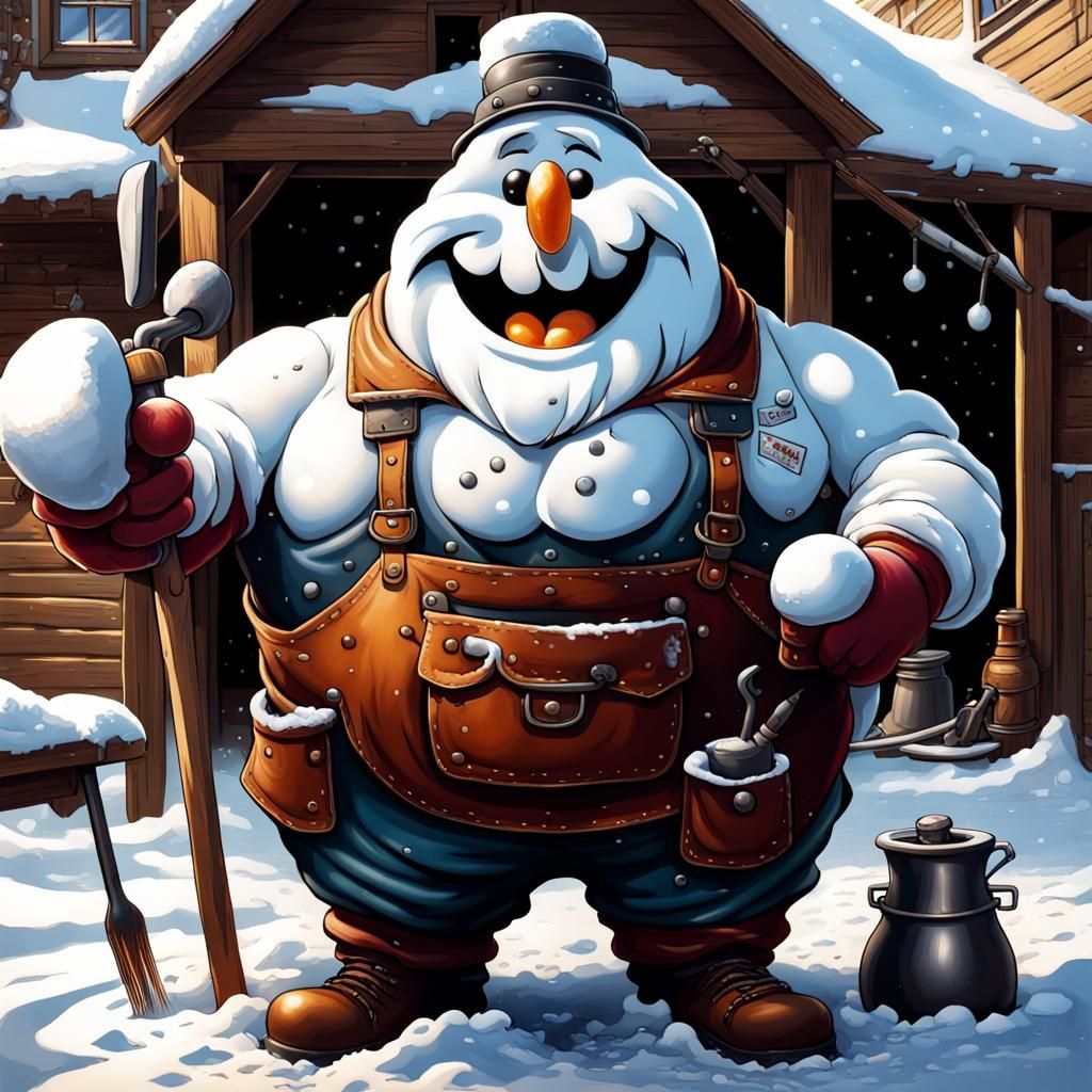 Hyperdetailed Snowman Blacksmith in Sunny Workshop