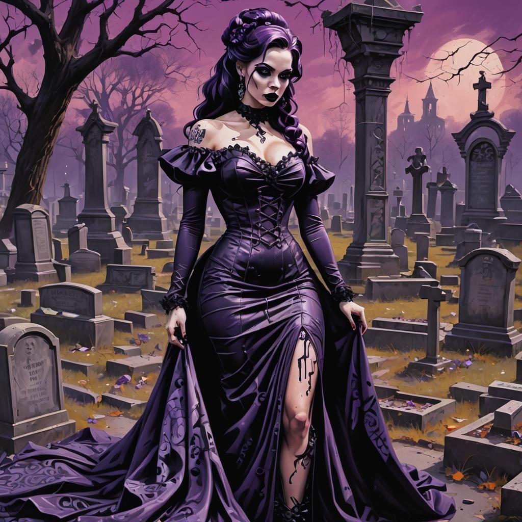 Gothic Pin-Up Girl in Graveyard Graffiti Art