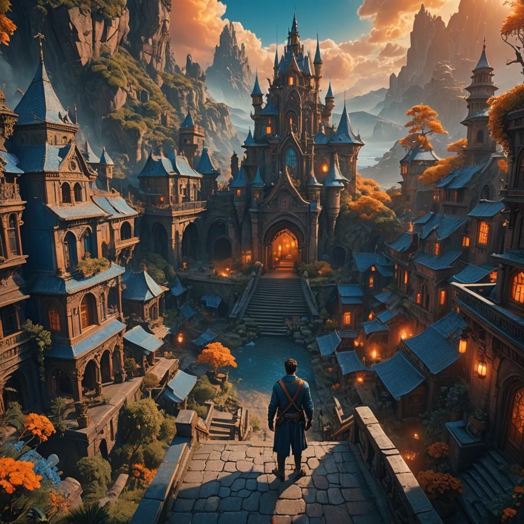 Epic Fantasy Realm in Vibrant Blues and Oranges