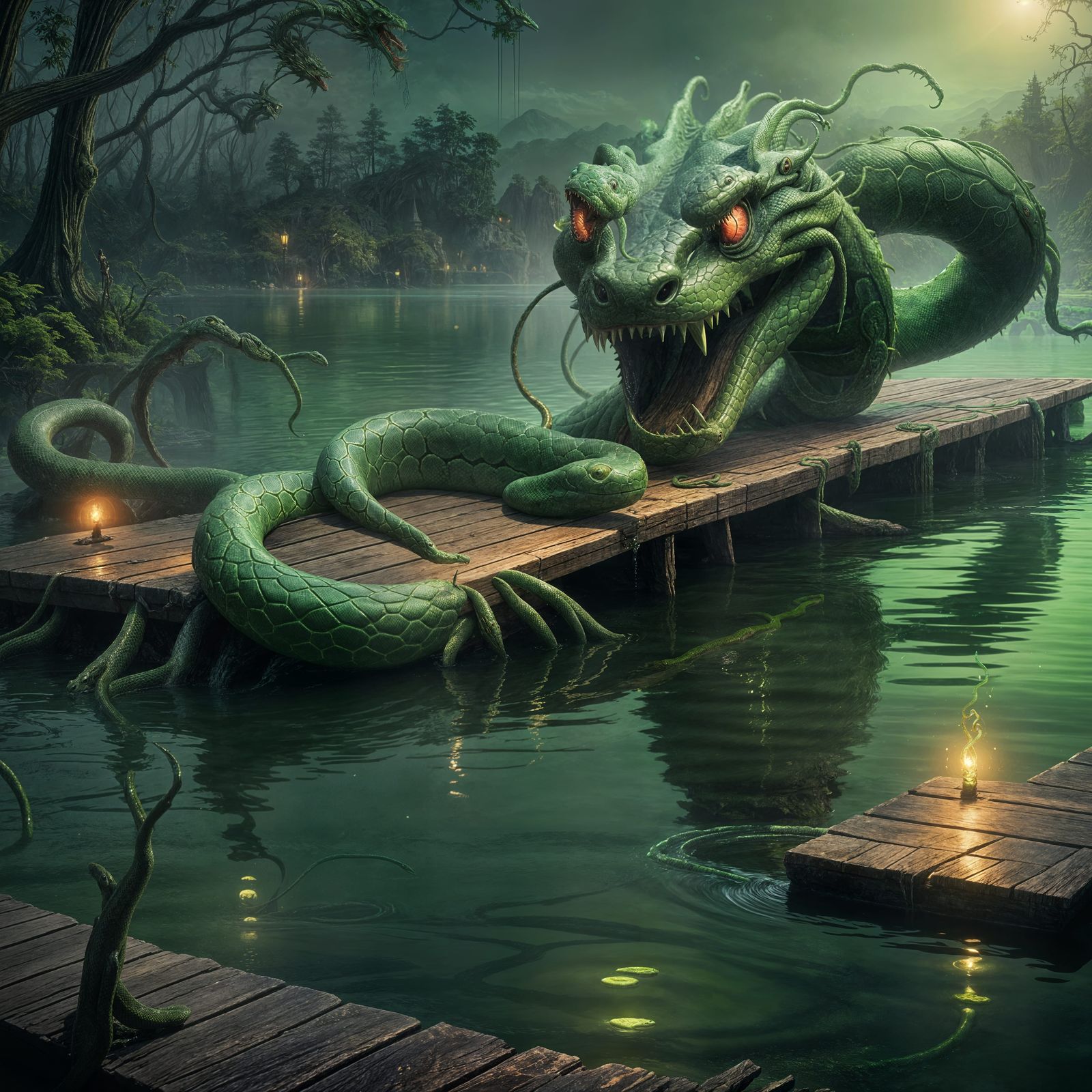 Fantastical Green Snake Water Monster Concept Art