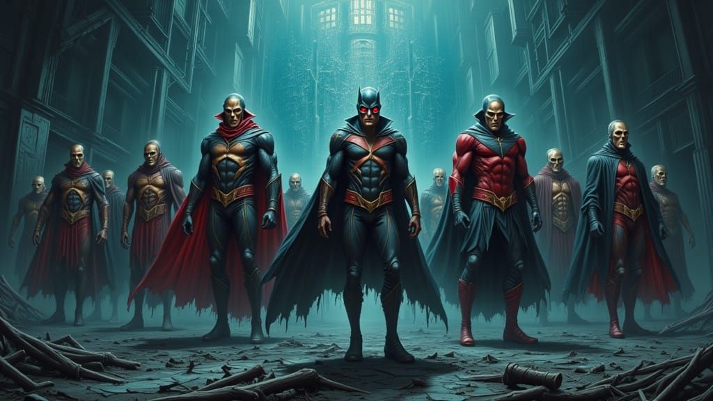 Superhero Zombies Guarding Cyber Map in Dark Art Style