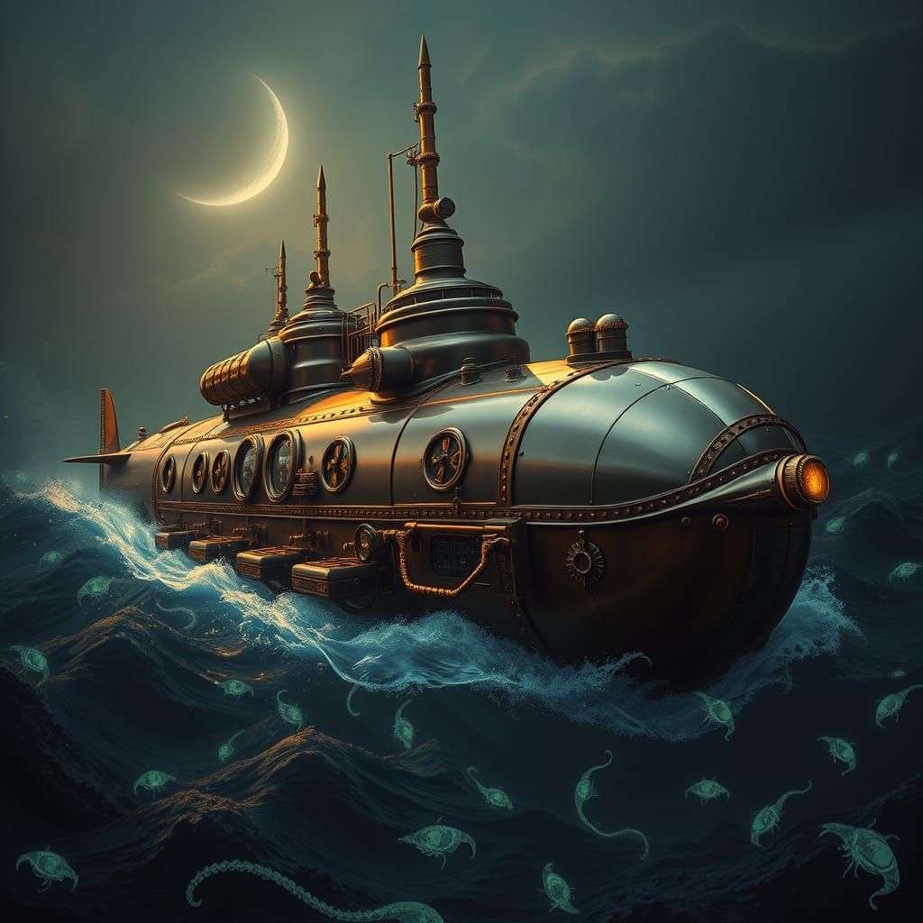 Surreal Steampunk Nautilus Emerge from Ocean Depths